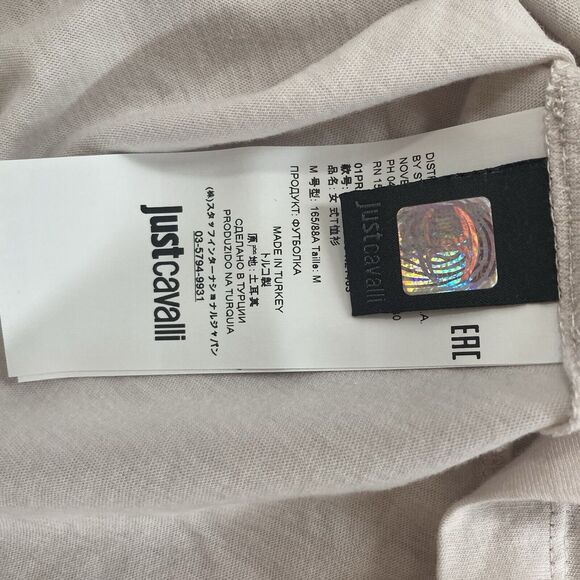 Just Cavalli Ladies Stone Col Cotton Crop T-Shirt with print on neck rib NEW - Picture 6 of 7